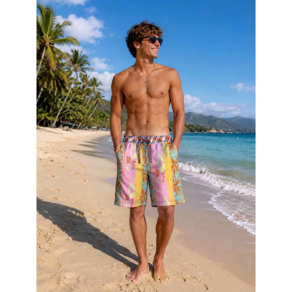 Robert Graham Men’s Swim Trunks Board Shorts Floral Striped Multicolor Size 2XL